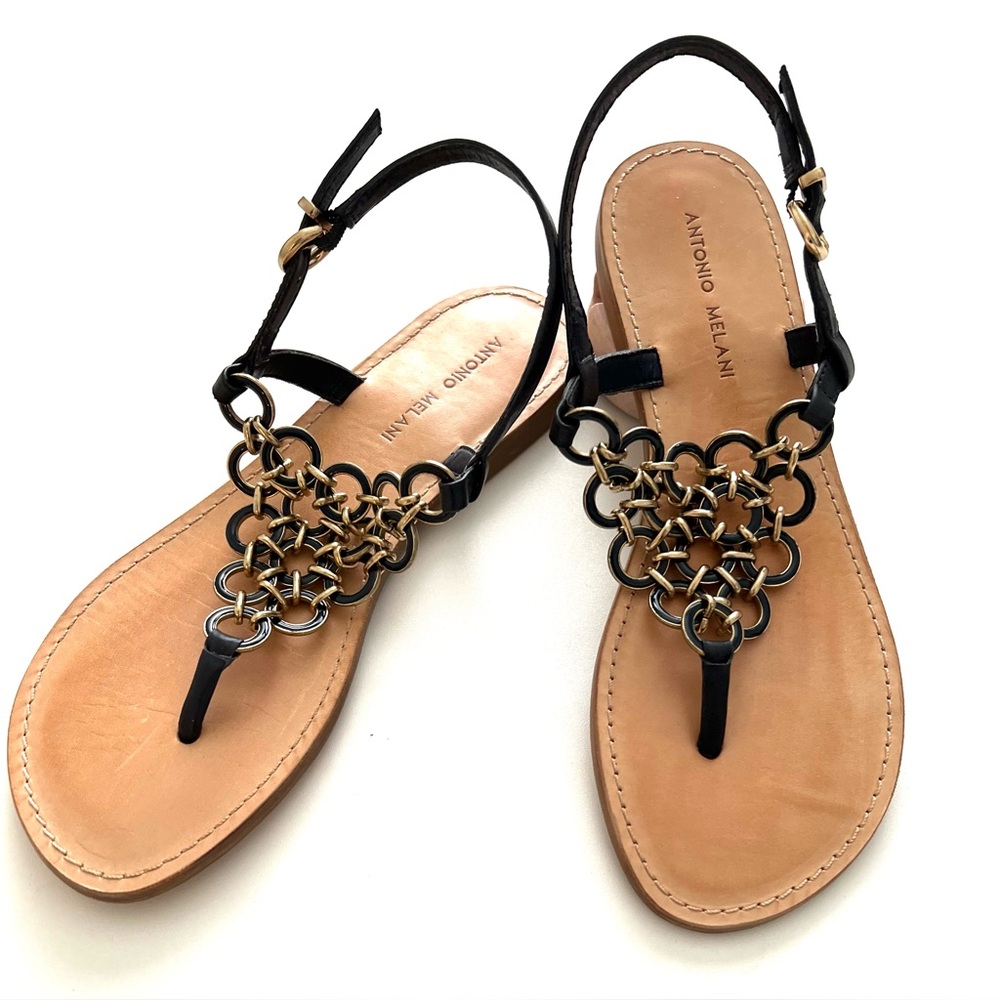 ANTONIO MELANI Navy Blue Thong Sandals With Gold Metal Embellishments Size 8.5